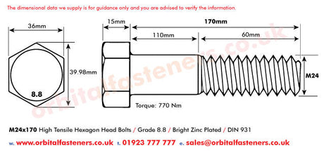 M24 x 170 Hexagon Head Bolt High Tensile Grade 8.8, Bright Zinc Plated, DIN 931
