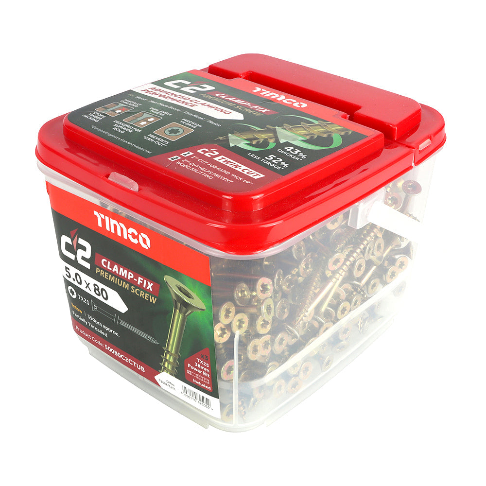5.0 x 80 Timco Countersunk TX25 Clamp Fix C2 Woodscrews Yellow (Tub of 350) 50080C2CTUB