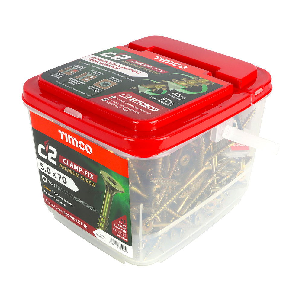 5.0 x 70 Timco Countersunk TX25 Clamp Fix C2 Woodscrews Yellow (Tub of 375) 50070C2CTUB