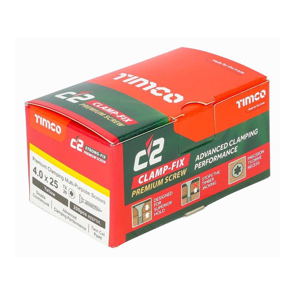 4.0 x 25 Timco Countersunk TX20 Clamp Fix C2 Woodscrews Yellow 40025C2C
