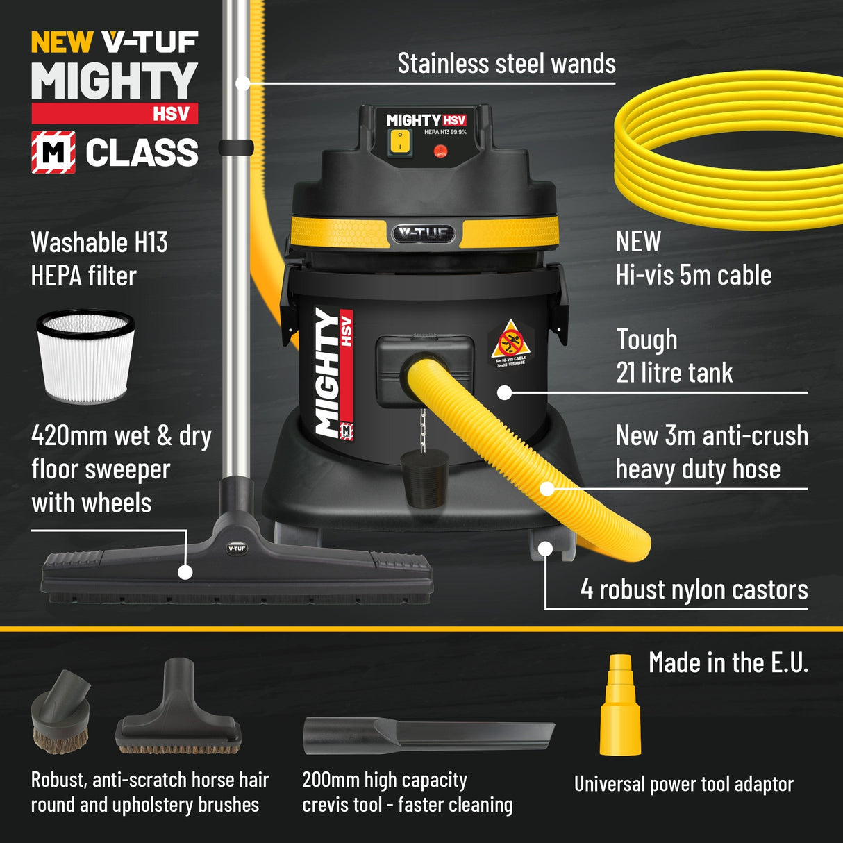 V-TUF M-Class Mighty 21L Industrial Dust Extraction Wet & Dry Vacuum Cleaner 240V