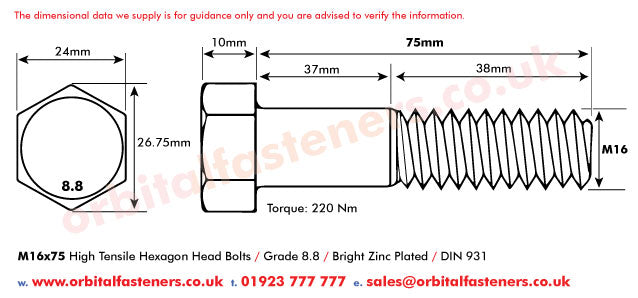 M16 x 75 Hexagon Head Bolt High Tensile Grade 8.8, Bright Zinc Plated, DIN 931