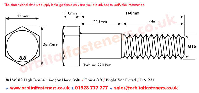 M16 x 160 Hexagon Head Bolt High Tensile Grade 8.8, Bright Zinc Plated, DIN 931