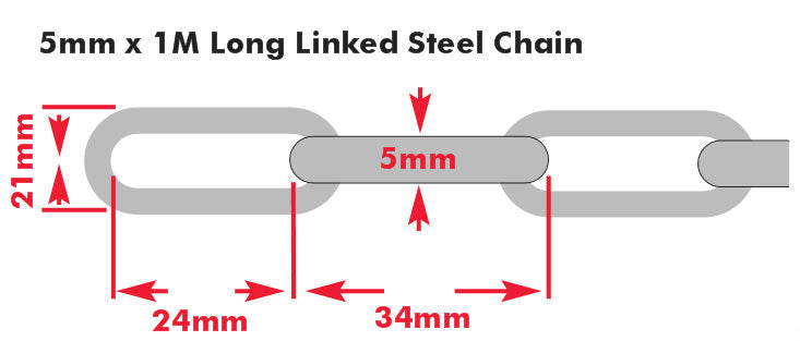 5mm x 1 Metre (ID 28 x 12mm) Galvanised/Galvanized Long Link Steel Chain, Sold in multiples of 1 Metre