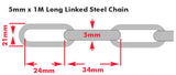 5mm x 1 Metre (ID 28 x 12mm) Galvanised/Galvanized Long Link Steel Chain, Sold in multiples of 1 Metre