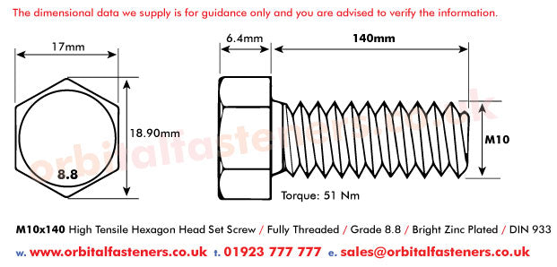 M10 x 140 Hexagon Head Set Screws High Tensile Grade 8.8 Bright Zinc Plated, DIN 933