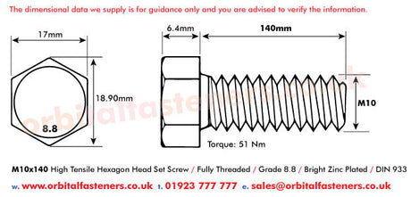 M10 x 140 Hexagon Head Set Screws High Tensile Grade 8.8 Bright Zinc Plated, DIN 933