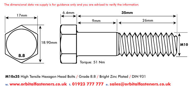 M10 x 35 Hexagon Head Bolt High Tensile Grade 8.8, Bright Zinc Plated, DIN 931