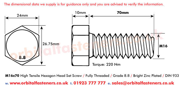 M16 x 75 Hexagon Head Set Screws High Tensile Grade 8.8 Bright Zinc Plated, DIN 933