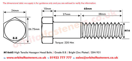 M16 x 65 Hexagon Head Bolt High Tensile Grade 8.8, Bright Zinc Plated, DIN 931