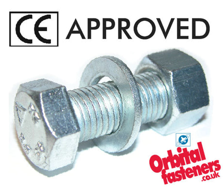 M16 x 40 Hexagon Head Set, Nut & Washer (Assembled Bolt) Grade 8.8 Bright Zinc Plated. CE Approved BS/EN15048
