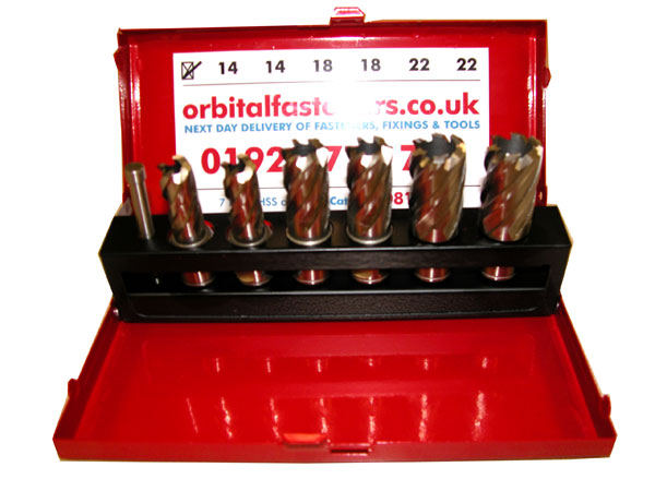 RUKO 7 Piece Mag Drill Short Series Cutter Set (2 x 14, 18, 22mm & 1 pilot pin)