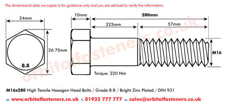 M16 x 280 Hexagon Head Bolt High Tensile Grade 8.8, Bright Zinc Plated, DIN 931