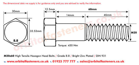 M20 x 60 Hexagon Head Bolt High Tensile Grade 8.8, Bright Zinc Plated, DIN 931