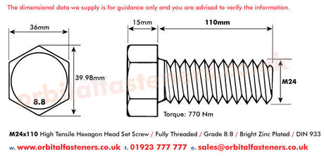 M24 x 110 Hexagon Head Set Screws High Tensile Grade 8.8 Bright Zinc Plated, DIN 933