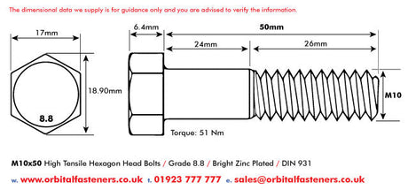 M10 x 50 Hexagon Head Bolt High Tensile Grade 8.8, Bright Zinc Plated, DIN 931
