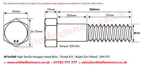 M16 x 260 Hexagon Head Bolt High Tensile Grade 8.8, Bright Zinc Plated, DIN 931
