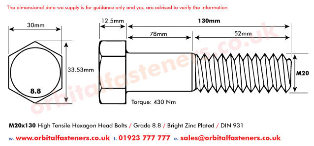 M20 x 130 Hexagon Head Bolt High Tensile Grade 8.8, Bright Zinc Plated, DIN 931