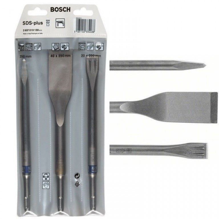Bosch 3 Piece SDS-Plus Chisel Set, Point, Flat & Self Sharping Tile 2 607 019 159