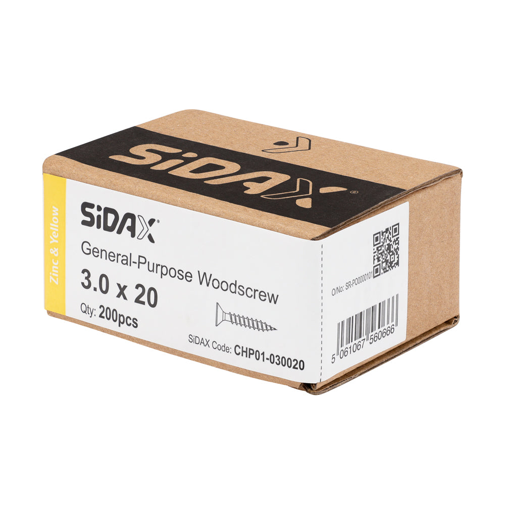 Sidax 3.0 x 20mm Countersunk Pozi Pz1, CHP01 General-Purpose Woodscrew, Zinc & Yellow CHP01-030020
