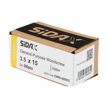 Sidax 3.5 x 15mm Countersunk Pozi Pz2, CHP01 General-Purpose Woodscrew, Zinc & Yellow CHP01-035015
