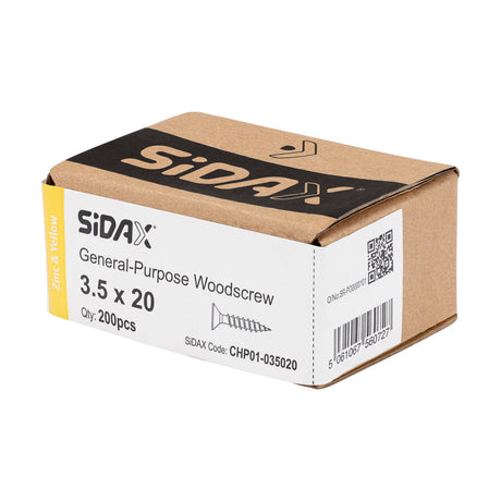 Sidax 3.5 x 20mm Countersunk Pozi Pz2, CHP01 General-Purpose Woodscrew, Zinc & Yellow CHP01-035020
