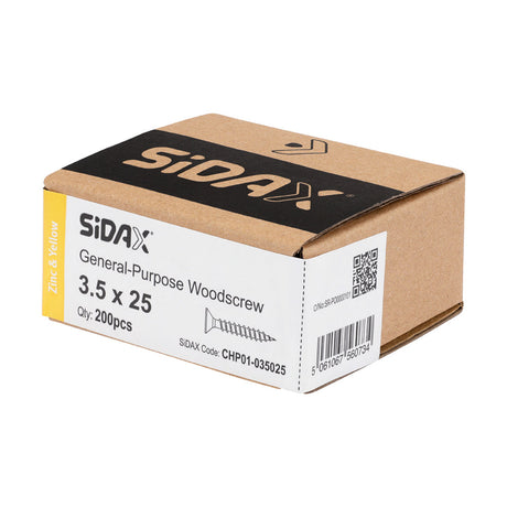 Sidax 3.5 x 25mm Countersunk Pozi Pz2, CHP01 General-Purpose Woodscrew, Zinc & Yellow CHP01-035025