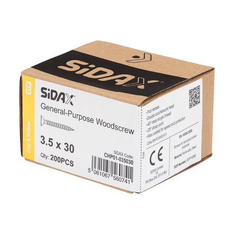 Sidax 3.5 x 30mm Countersunk Pozi Pz2, CHP01 General-Purpose Woodscrew, Zinc & Yellow CHP01-035030