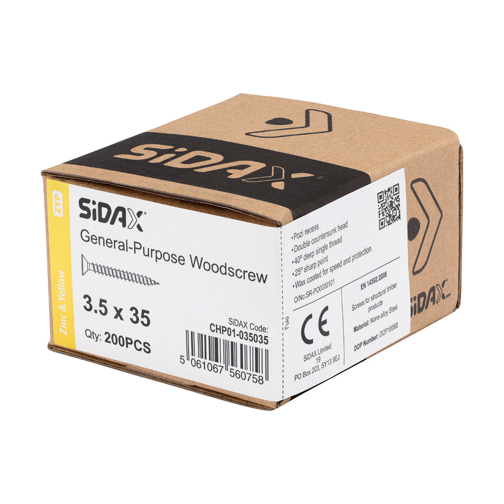 Sidax 3.5 x 35mm Countersunk Pozi Pz2, CHP01 General-Purpose Woodscrew, Zinc & Yellow CHP01-035035