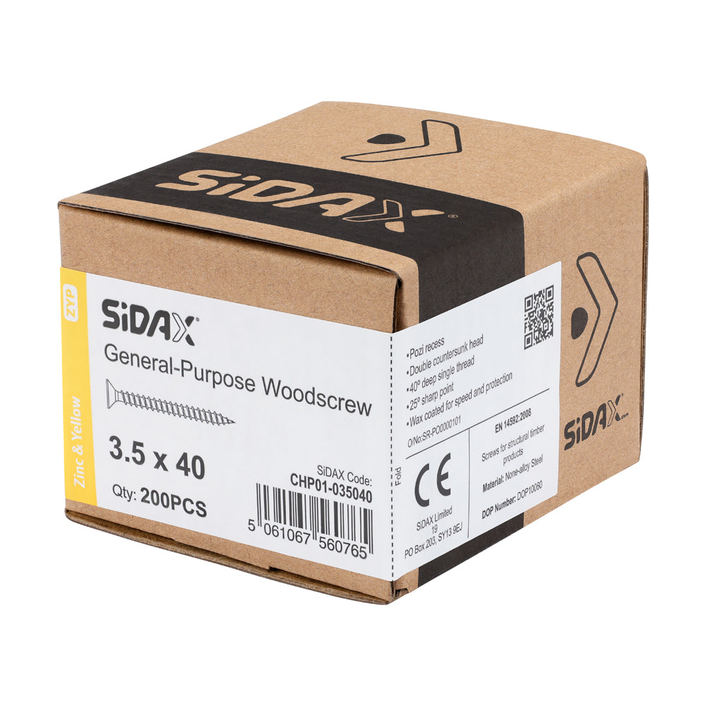 Sidax 3.5 x 40mm Countersunk Pozi Pz2, CHP01 General-Purpose Woodscrew, Zinc & Yellow CHP01-035040