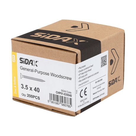 Sidax 3.5 x 40mm Countersunk Pozi Pz2, CHP01 General-Purpose Woodscrew, Zinc & Yellow CHP01-035040
