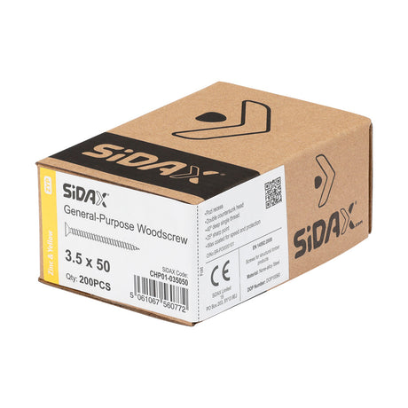 Sidax 3.5 x 50mm Countersunk Pozi Pz2, CHP01 General-Purpose Woodscrew, Zinc & Yellow CHP01-035050