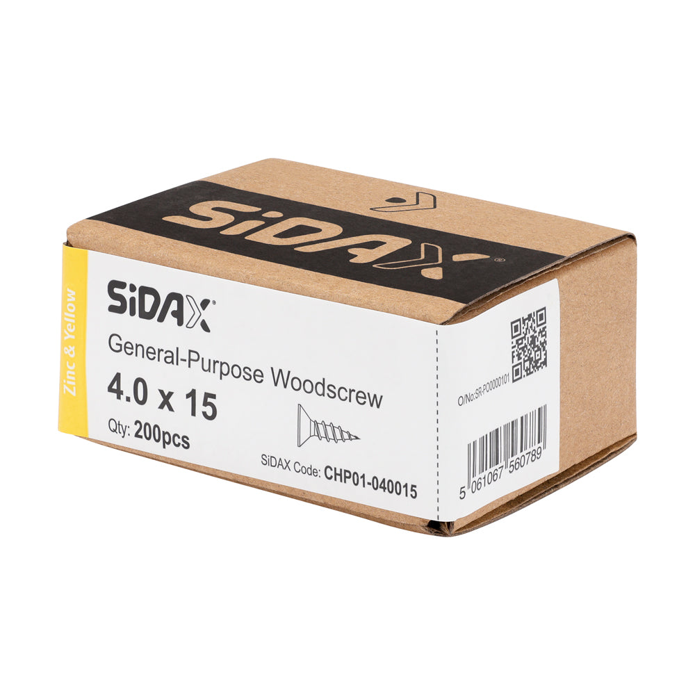 Sidax 4.0 x 15mm Countersunk Pozi Pz2, CHP01 General-Purpose Woodscrew, Zinc & Yellow CHP01-040015