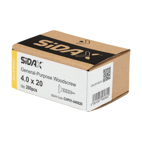 Sidax 4.0 x 20mm Countersunk Pozi Pz2, CHP01 General-Purpose Woodscrew, Zinc & Yellow CHP01-040020
