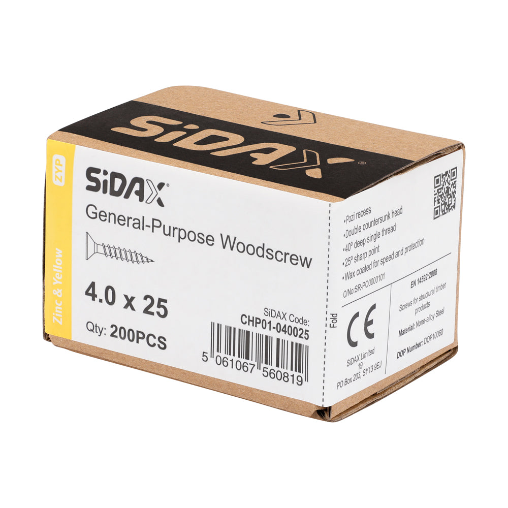 Sidax 4.0 x 25mm Countersunk Pozi Pz2, CHP01 General-Purpose Woodscrew, Zinc & Yellow CHP01-040025