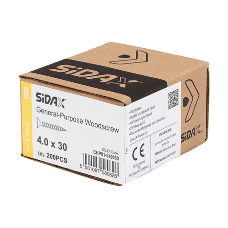 Sidax 4.0 x 30mm Countersunk Pozi Pz2, CHP01 General-Purpose Woodscrew, Zinc & Yellow CHP01-040030