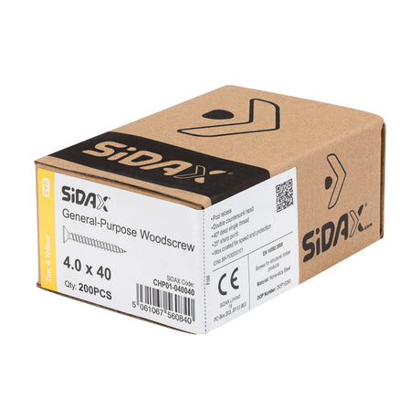 Sidax 4.0 x 40 Countersunk Pozi Pz2, CHP01 General-Purpose Woodscrew, Zinc & Yellow CHP01-040040