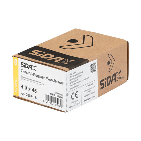 Sidax 4.0 x 45mm Countersunk Pozi Pz2, CHP01 General-Purpose Woodscrew, Zinc & Yellow CHP01-040045