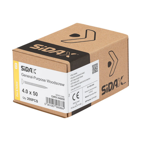 Sidax 4.0 x 50 Countersunk Pozi Pz2, CHP01 General-Purpose Woodscrew, Zinc & Yellow CHP01-040050