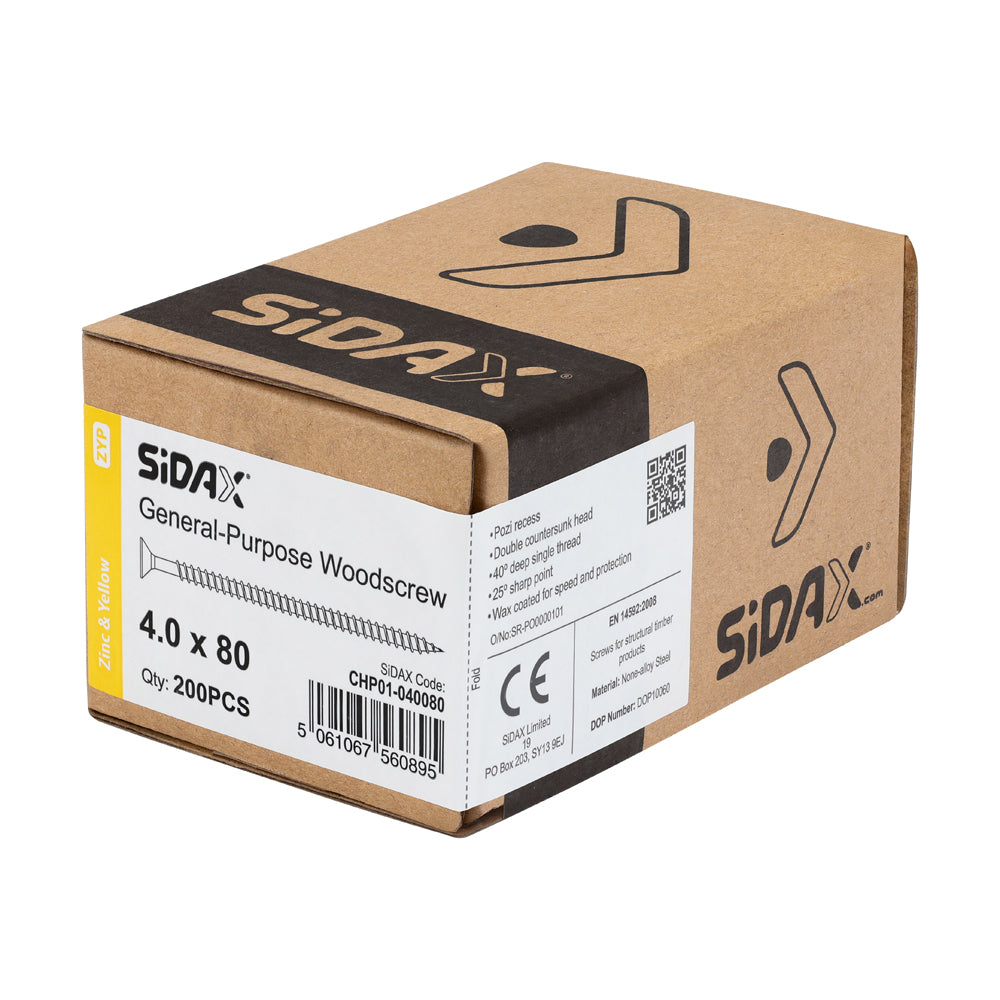 Sidax 4.0 x 80mm Countersunk Pozi Pz2, CHP01 General-Purpose Woodscrew, Zinc & Yellow CHP01-040080