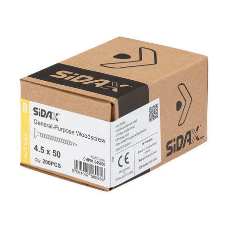 Sidax 4.5 x 40mm Countersunk Pozi Pz2, CHP01 General-Purpose Woodscrew, Zinc & Yellow CHP01-045040