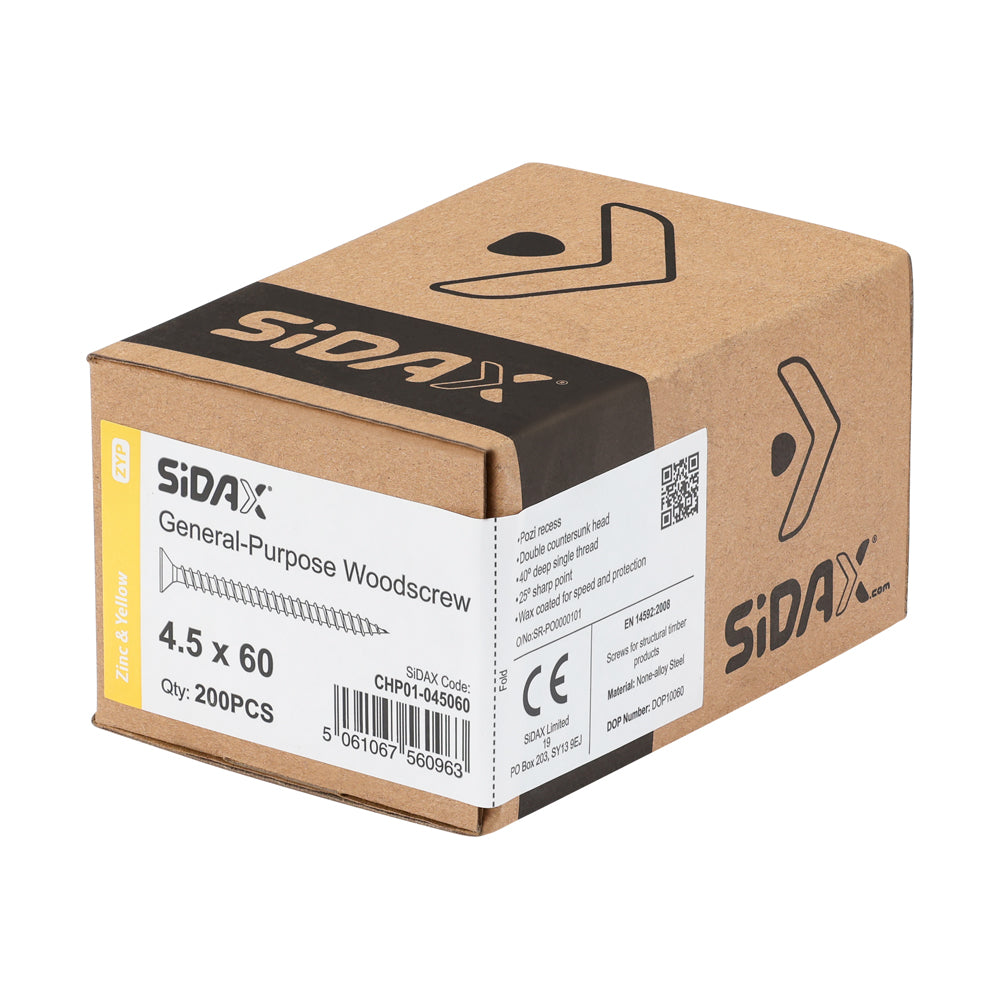 Sidax 4.5 x 60mm Countersunk Pozi Pz2, CHP01 General-Purpose Woodscrew, Zinc & Yellow CHP01-045060