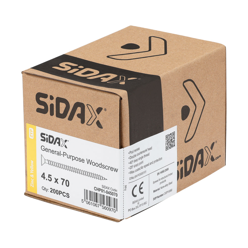 Sidax 4.5 x 70mm Countersunk Pozi Pz2, CHP01 General-Purpose Woodscrew, Zinc & Yellow CHP01-045070