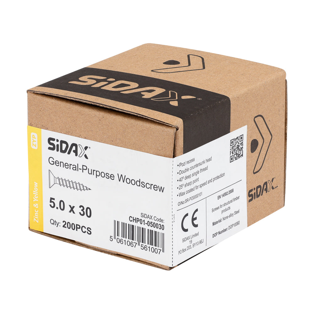 Sidax 5.0 x 30mm Countersunk Pozi Pz2, CHP01 General-Purpose Woodscrew, Zinc & Yellow CHP01-050030