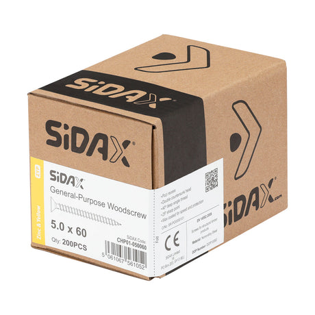 Sidax 5.0 x 60mm Countersunk Pozi Pz2, CHP01 General-Purpose Woodscrew, Zinc & Yellow CHP01-050060