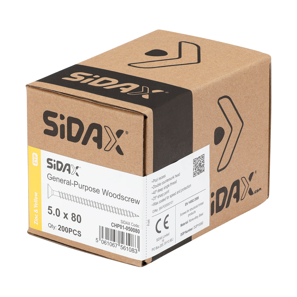 Sidax 5.0 x 80mm Countersunk Pozi Pz2, CHP01 General-Purpose Woodscrew, Zinc & Yellow CHP01-050080