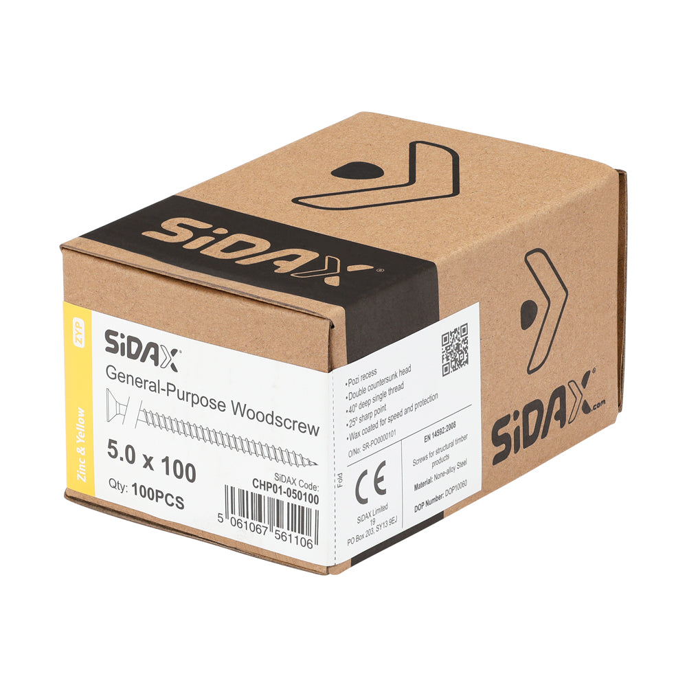 Sidax 5.0 x 100mm Countersunk Pozi Pz2, CHP01 General-Purpose Woodscrew, Zinc & Yellow CHP01-050100