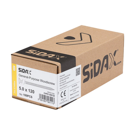 Sidax 5.0 x 120mm Countersunk Pozi Pz2, CHP01 General-Purpose Woodscrew, Zinc & Yellow CHP01-050120