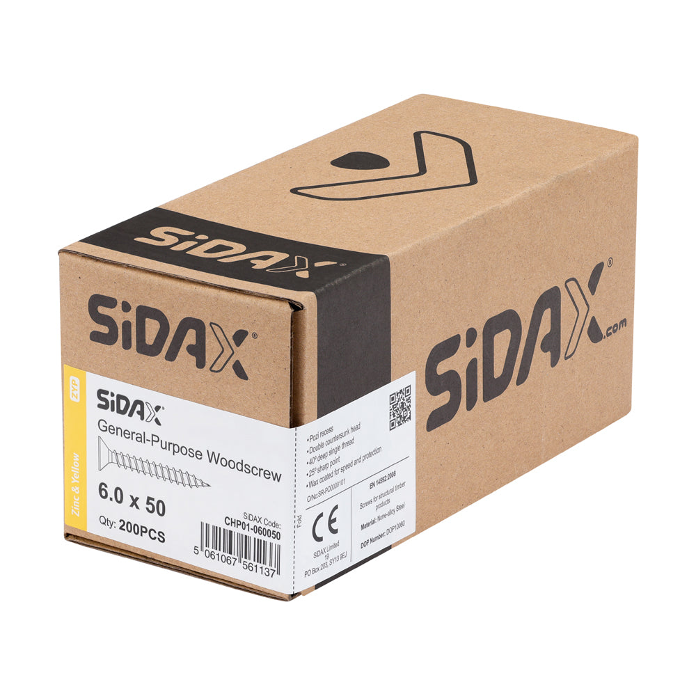 Sidax 6.0 x 50mm Countersunk Pozi Pz3, CHP01 General-Purpose Woodscrew, Zinc & Yellow CHP01-060050