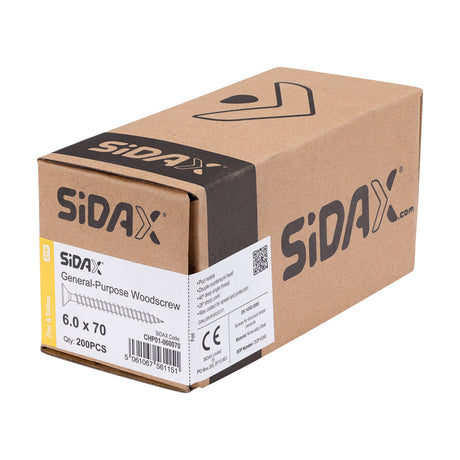 Sidax 6.0 x 70mm Countersunk Pozi Pz3, CHP01 General-Purpose Woodscrew, Zinc & Yellow CHP01-060070